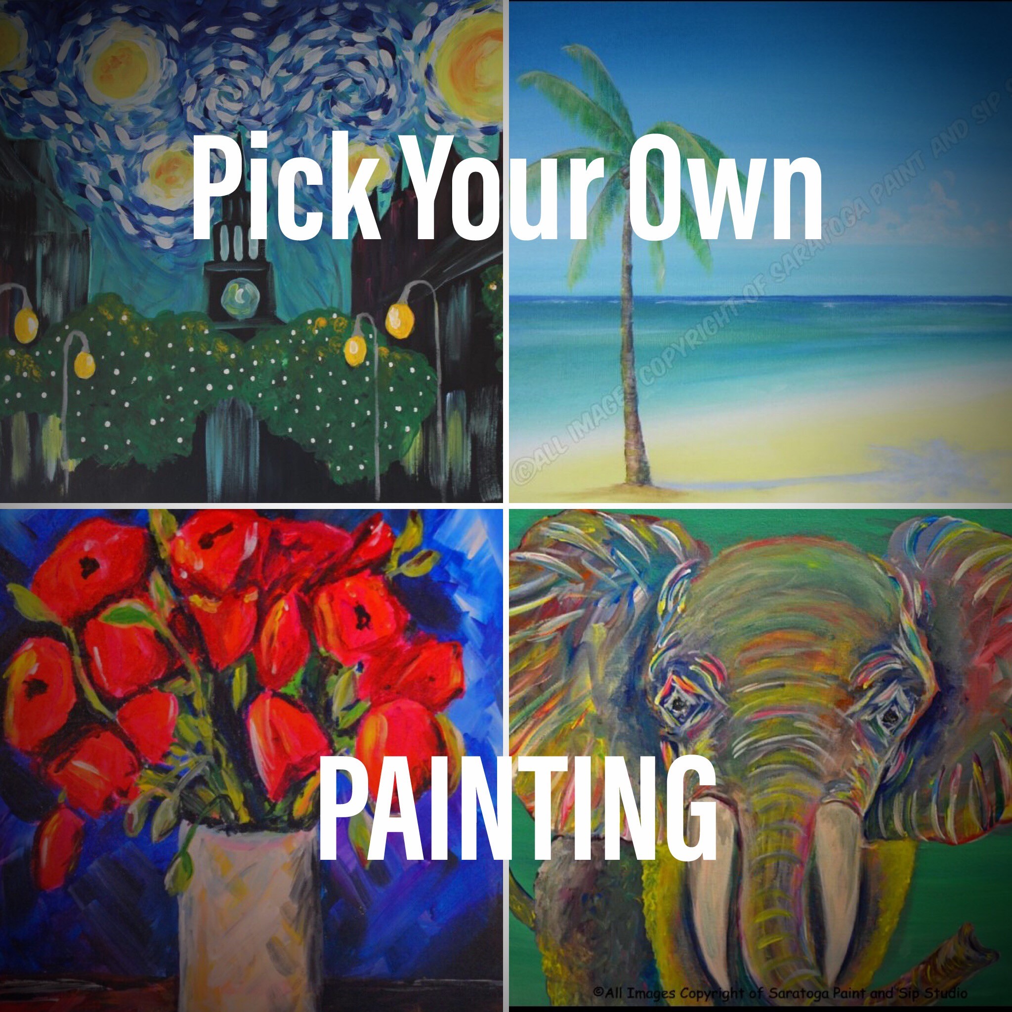 sky, beach, flower, and elephant paintings