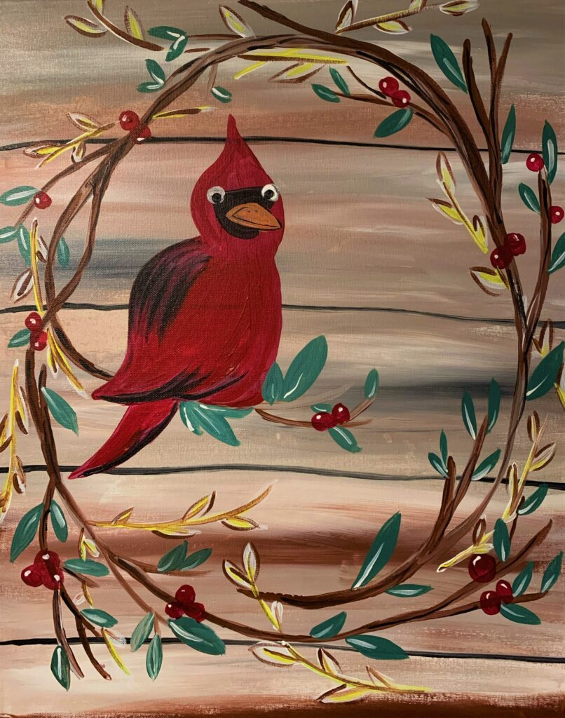 cardinal, wreath, berry, red, wood, rustic,