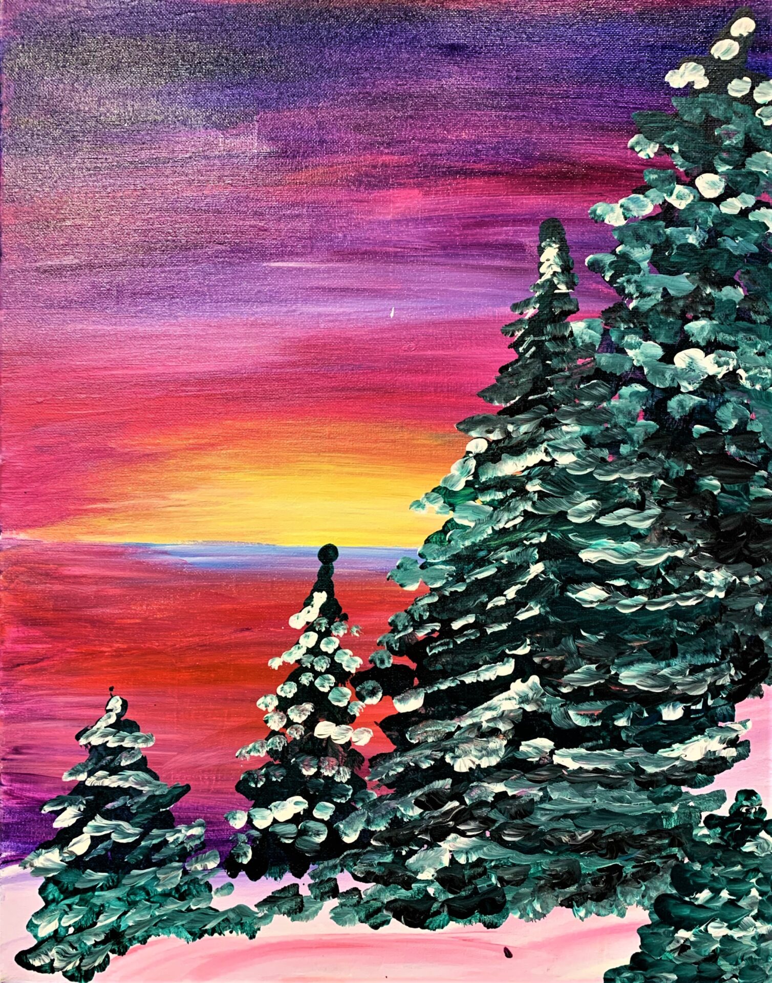pine, trees, sunset, winter, snow colorful, cold