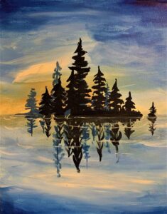 trees, lake, island, blue, water, reflection