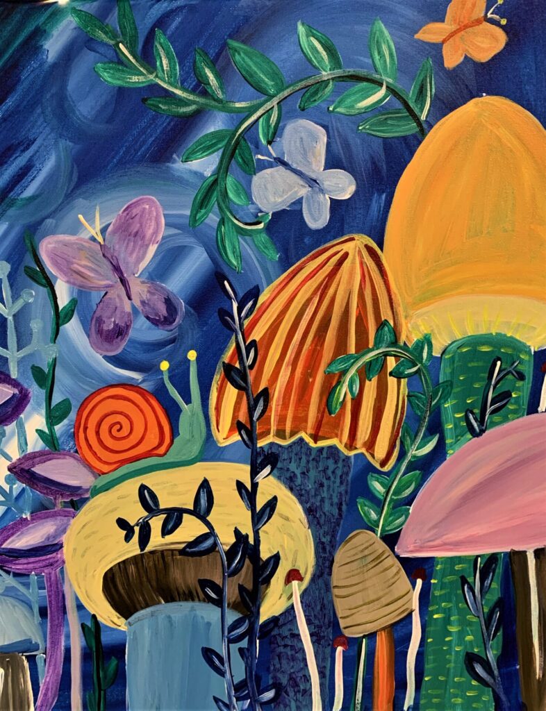 mushroom, colorful, snail, plants, whimsical