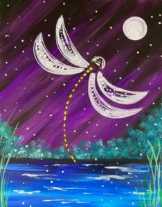 dragonfly, insect, night, moon forest, lake