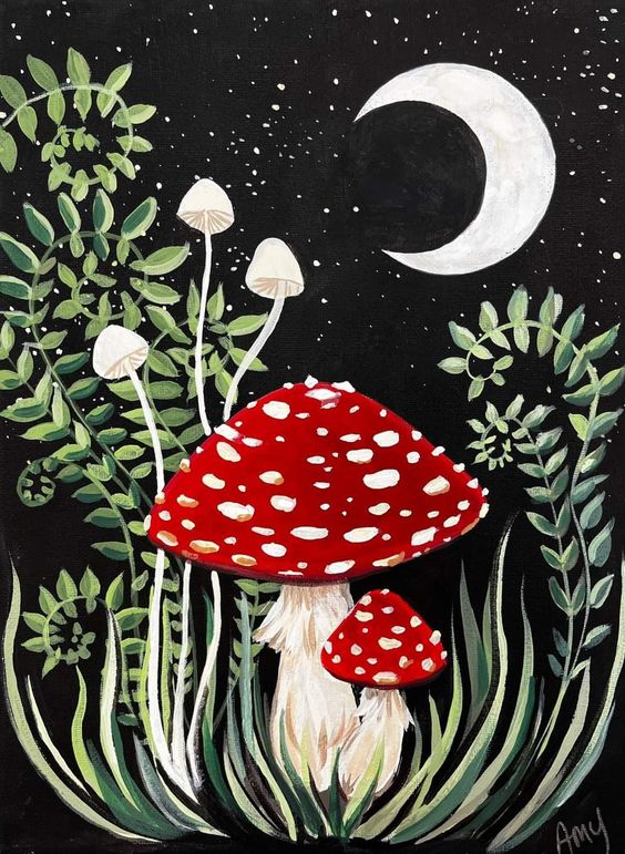 mushrooms, night, moon fiddlehead
