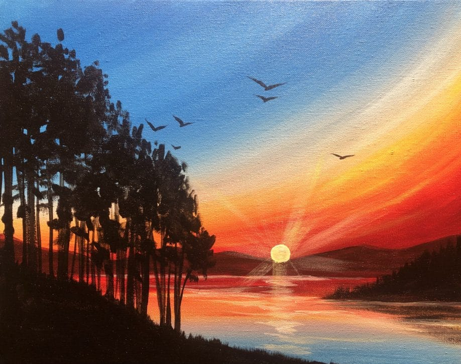 sunrise, sunset, sun, birds, trees, lake, mountains