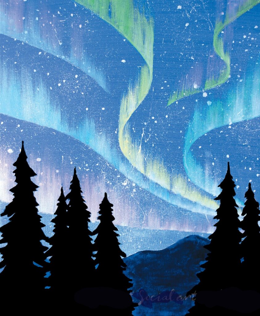 northern lights, trees, forest, mountain