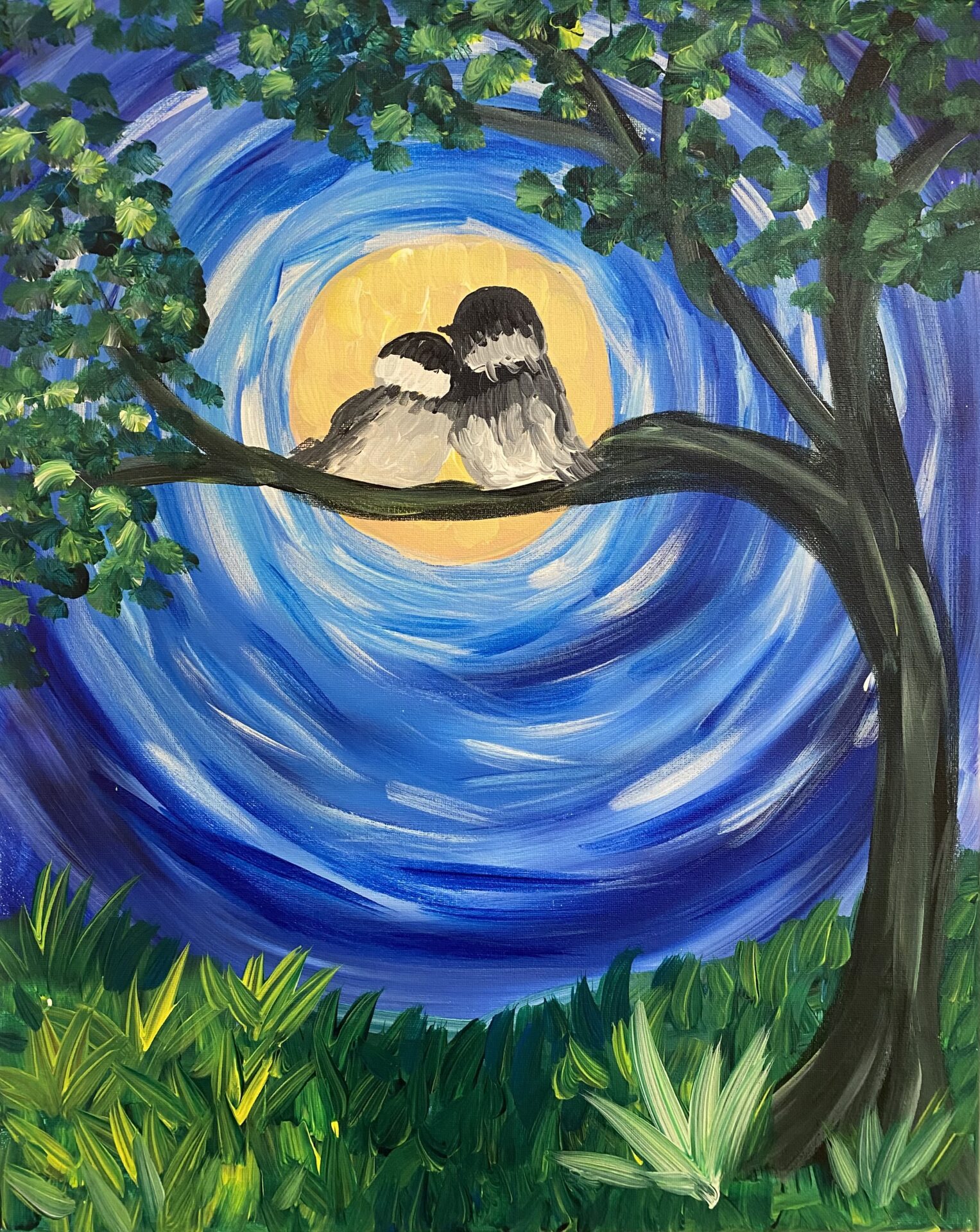 birds, love, chickadee, moon, tree, grass