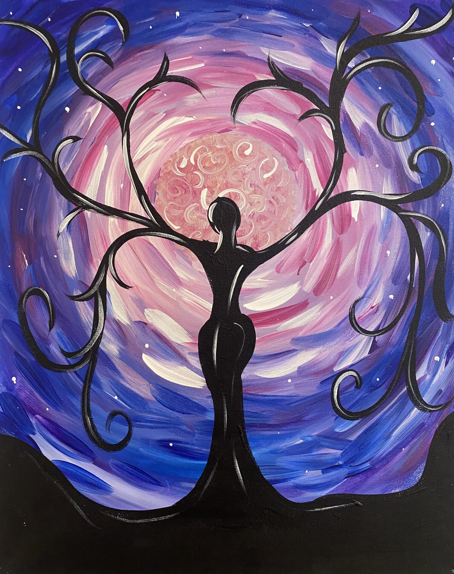 Woman, tree, swirl, Moon, sun